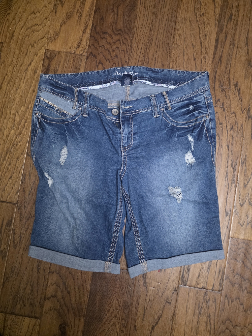 Amethyst Jeans Women's Distressed Rolled-Hem Jean Shorts - Blue